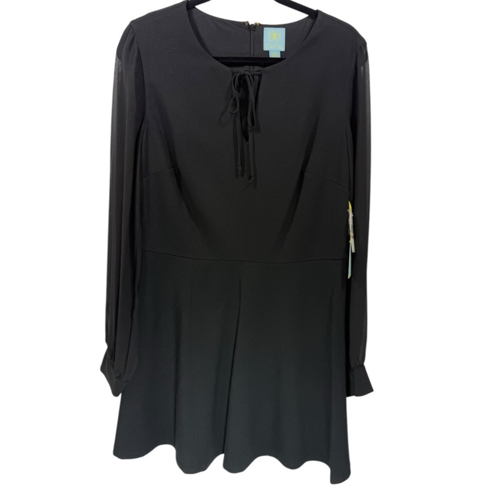 NWT CeCe Sheer Sleeve Tie Neck Ponte Knit‎ Dress Black Size 12 Minimalist